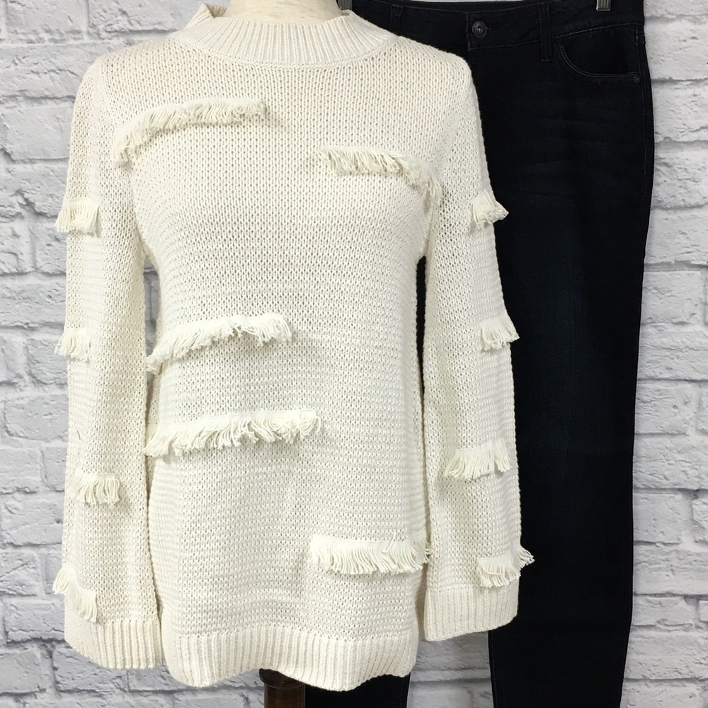 Loft fringe pullover mock neck sweater, cream, M